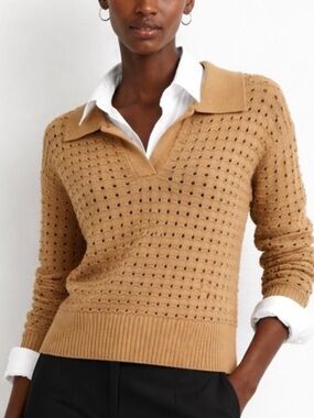 Joie Open-Knit Polo Sweater in Camel